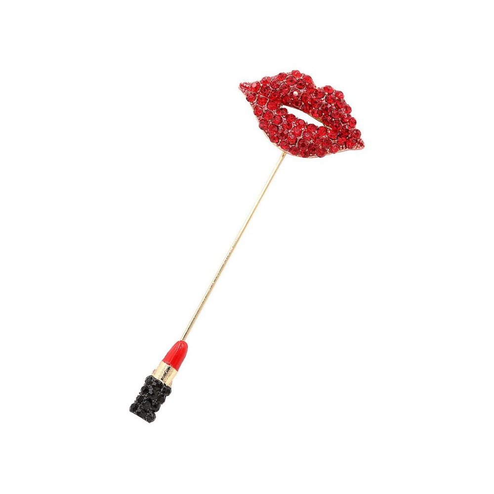 Crystal Rhinestone Bling Red Lips Mouth Lipstick Makeup Gold Stick Pin Brooch